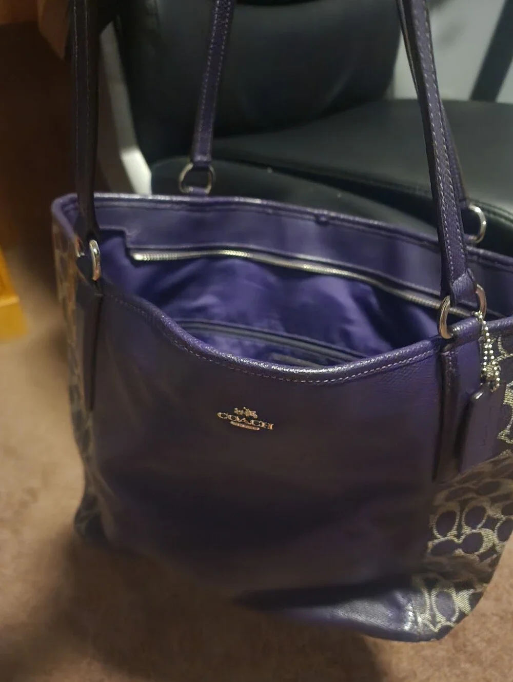 Coach Purple Leather & Signature Panel Shoulder Bag